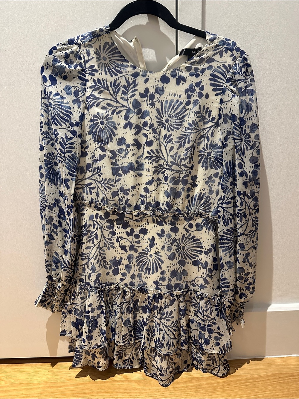 Aqua Cream and Navy Floral Long Sleeve Dress - Picture 1 of 1